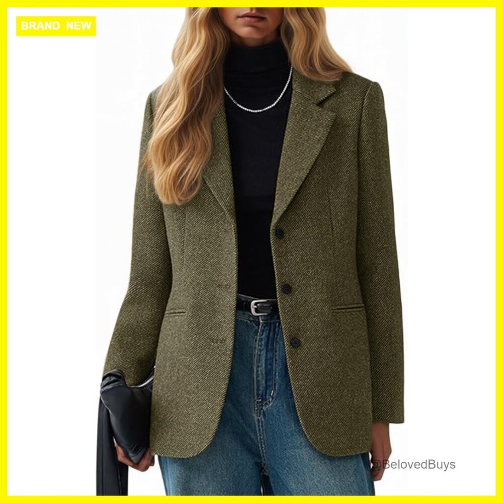 Herringbone Tweed Wool Blazer Lapel Collar Business Casual Office Jacket